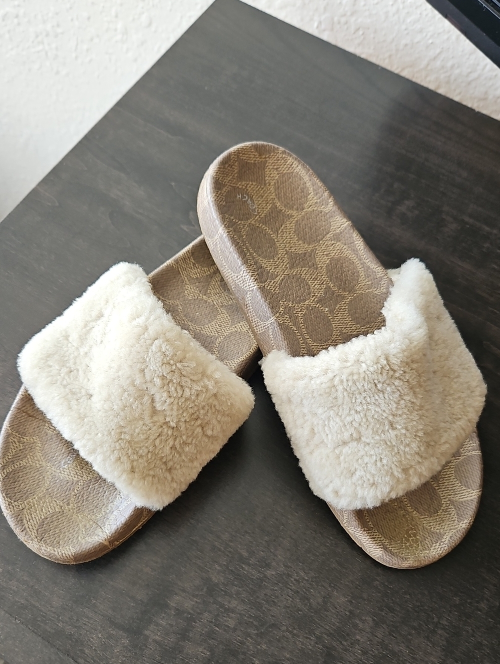 Coach Cream Shearling Slide Sandals